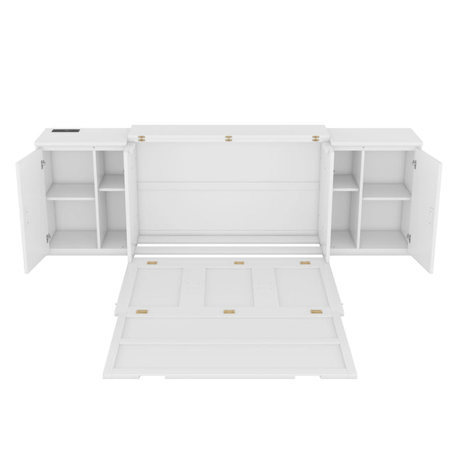 Full Size Murphy Bed with Shelves, Cabinets, and USB Ports – White