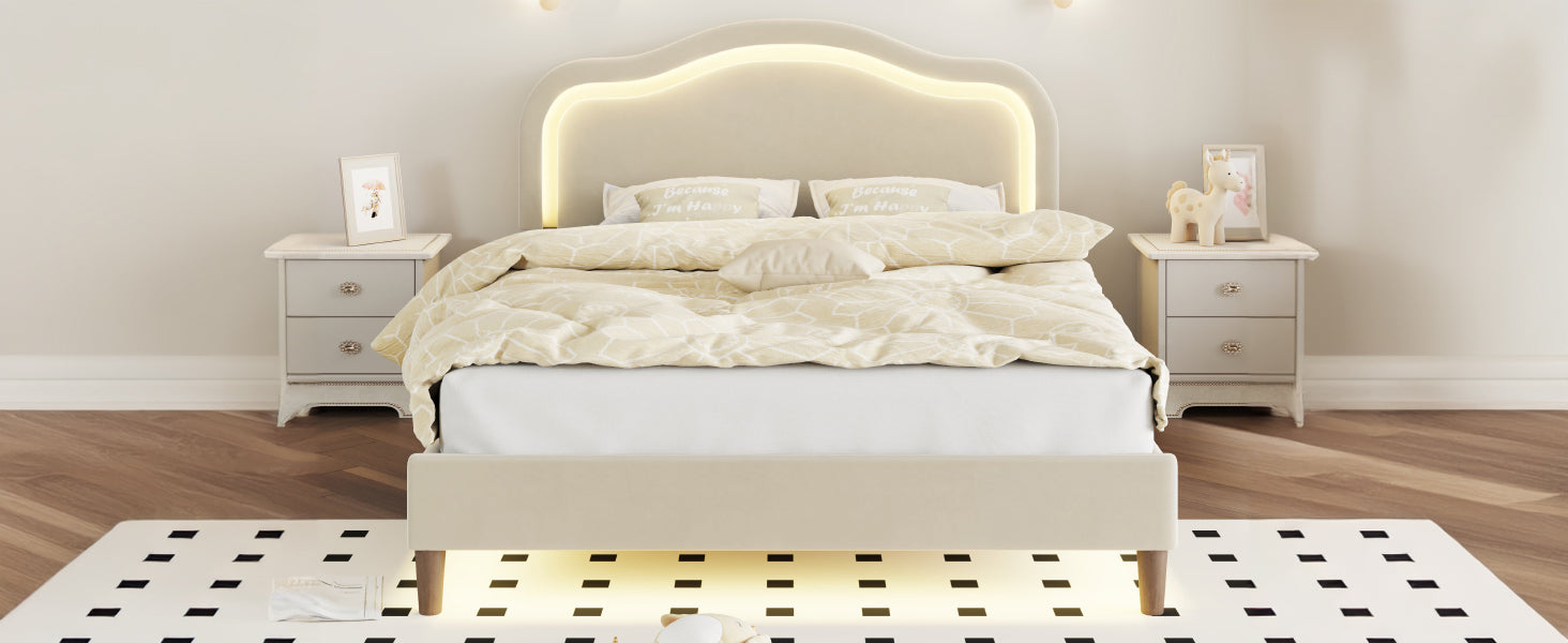 Letto Full Size Velluto Beige con LED