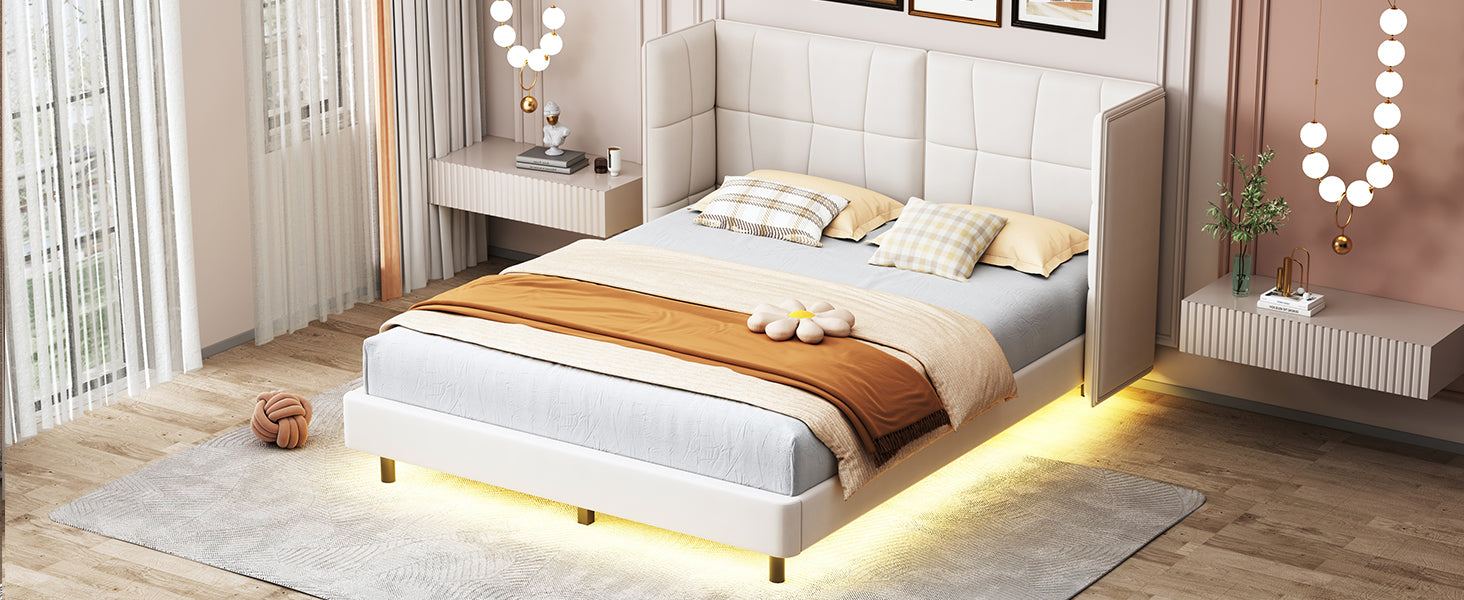 Letto Matrimoniale Imbottito con Luci LED e Testiera a U - Tessuto Lino Beige