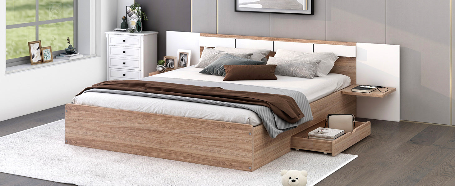 Letto Matrimoniale in Legno con Cassetti, Ripiani, Porte USB e Prese - Naturale