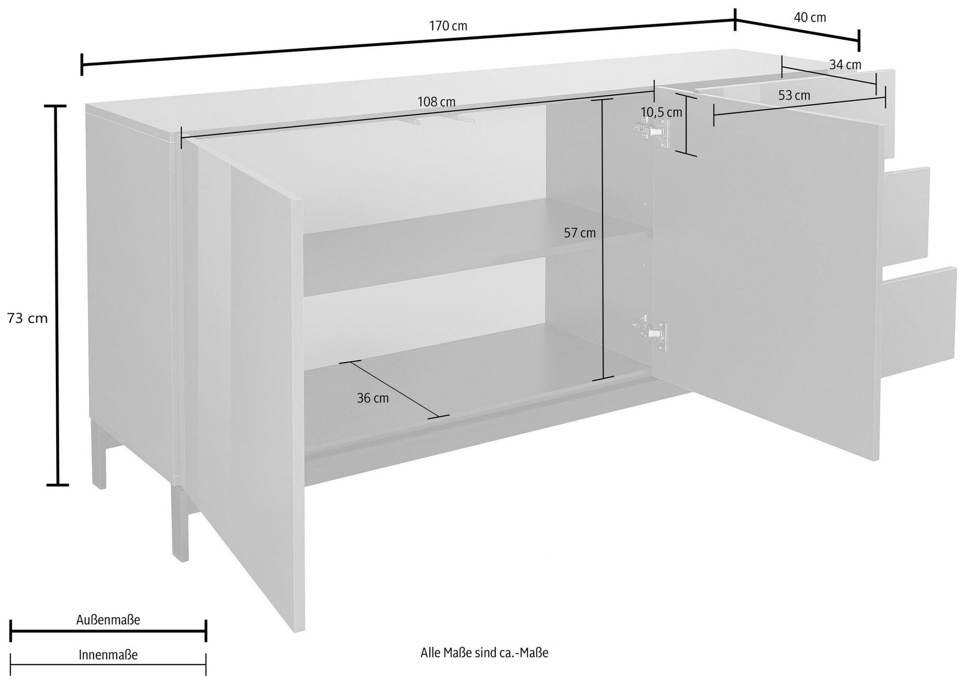 Credenza METIS con piedi 2 ante + 3 cassetti 170 cm.