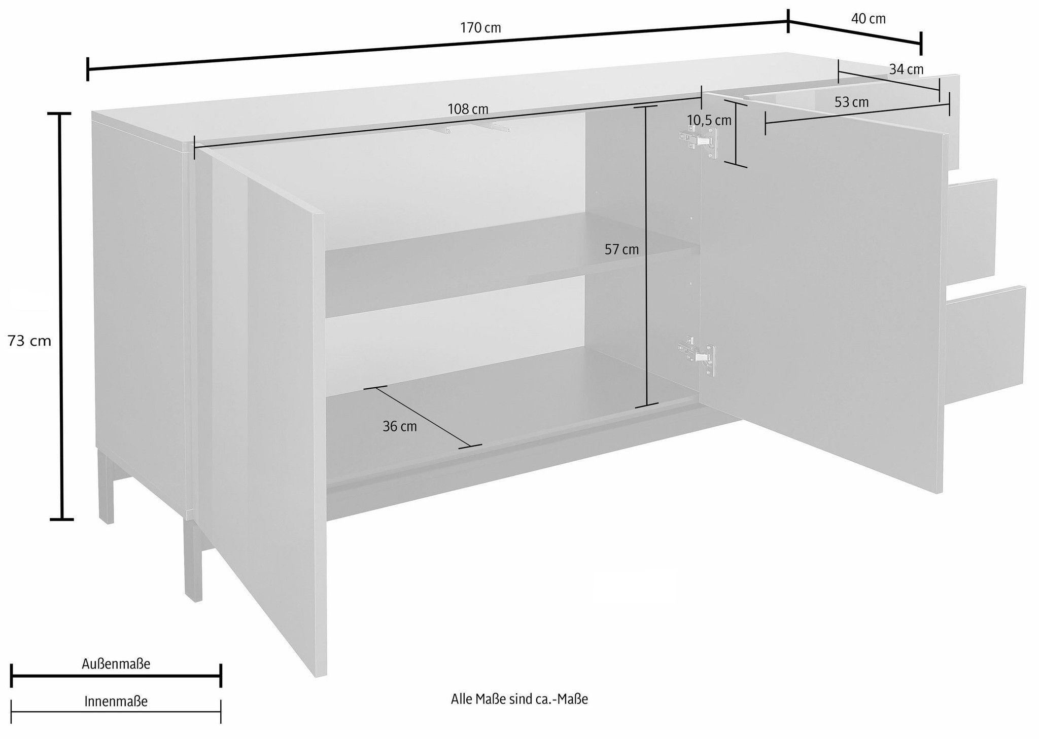 Credenza METIS con piedi 2 ante + 3 cassetti 170 cm.
