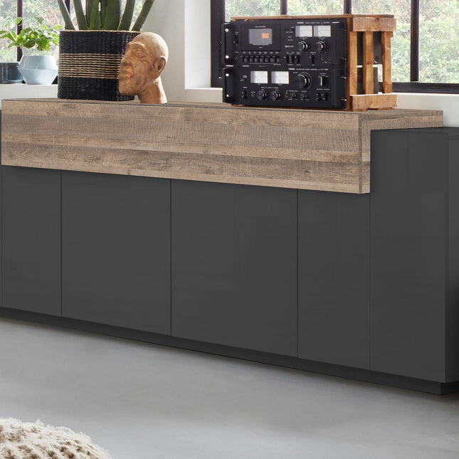 Credenza CORO 200 cm 4 ante battenti + 1 anta a ribalta - Antracite opaco / Rovere