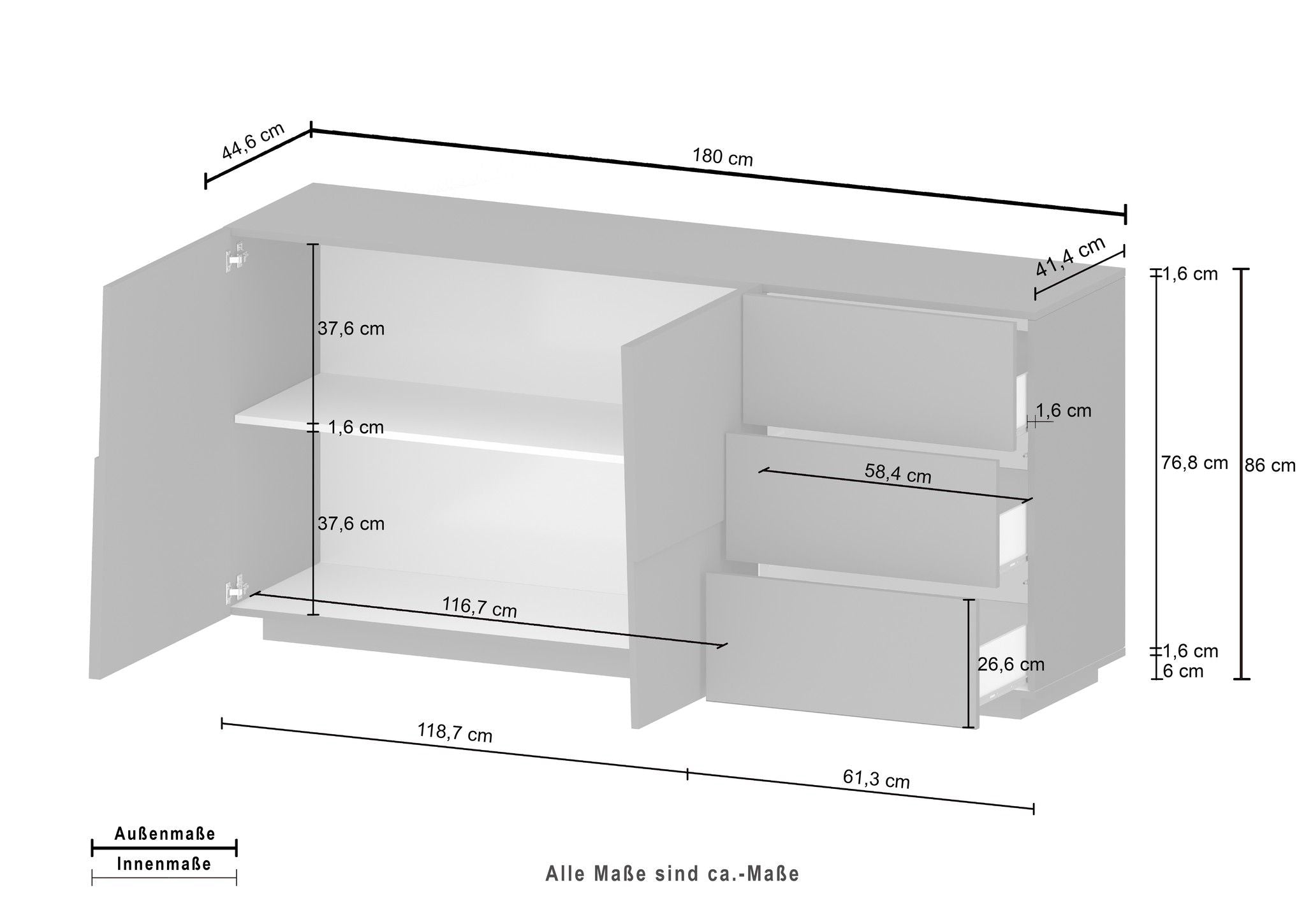 Credenza PONGO da 180 cm 2 ante e 3 cassetti.
