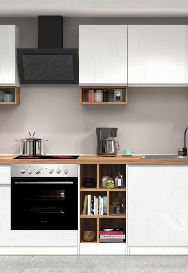 Cucina lineare SOLE da 256 cm, composizione 1 - Glossy white / Matte white / Wotan Oak