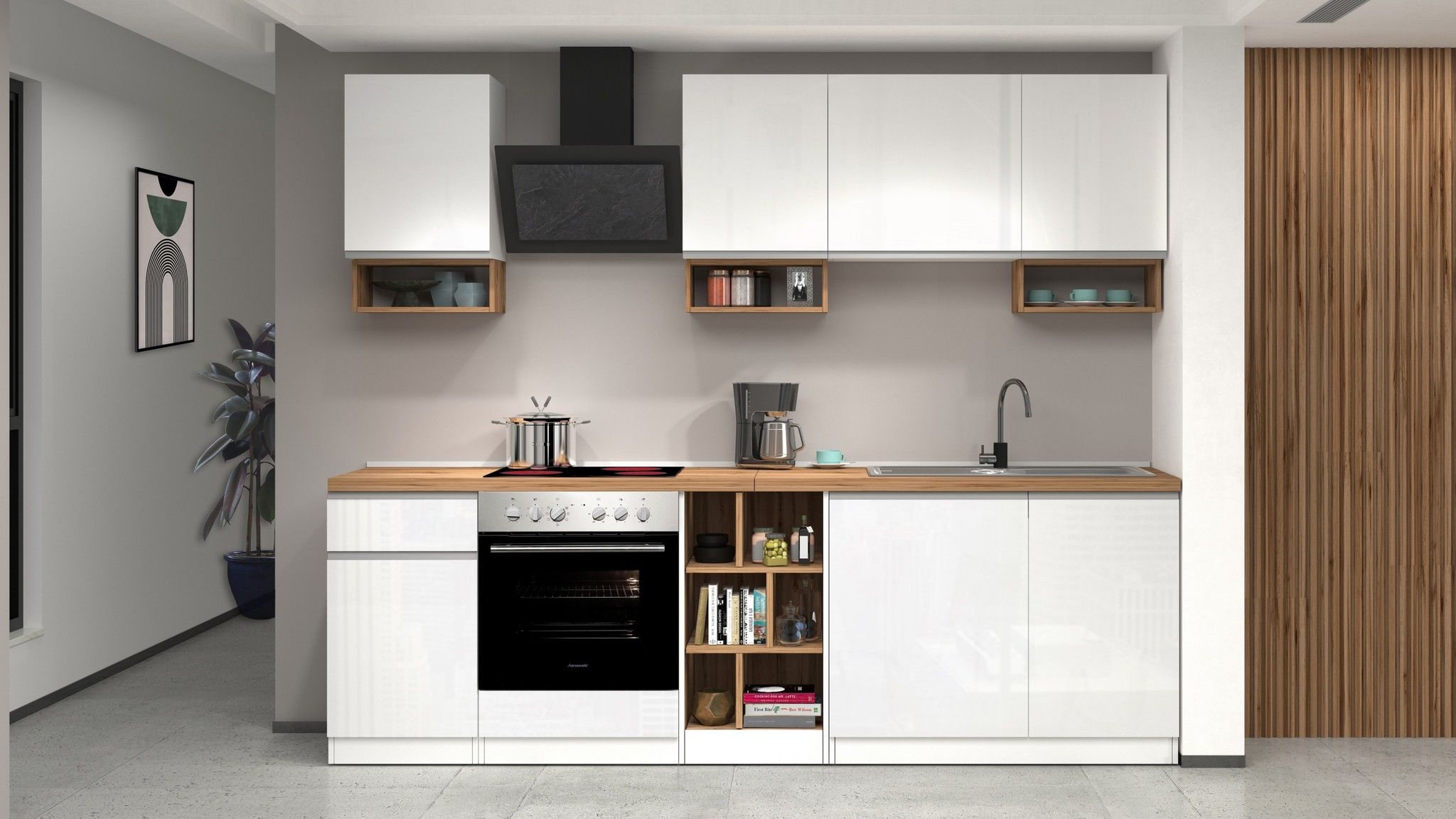 Cucina lineare SOLE da 256 cm, composizione 1 - Glossy white / Matte white / Wotan Oak