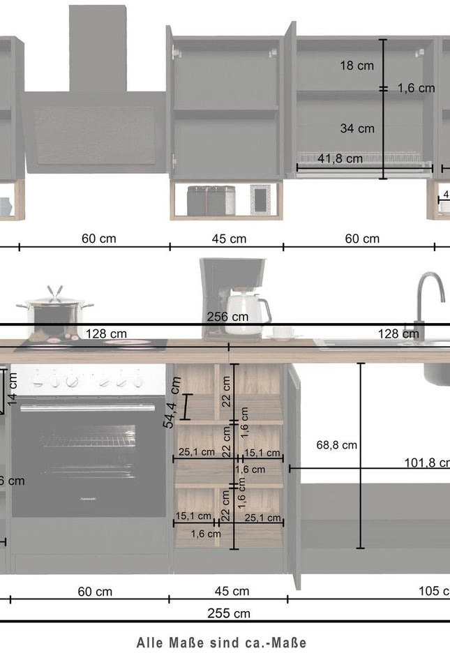 Cucina lineare SOLE da 256 cm, composizione 1