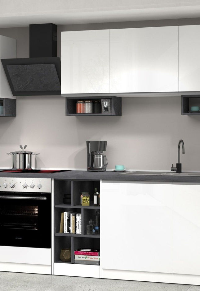 Cucina lineare SOLE da 256 cm, composizione 1 - Glossy white / Matte white / Report