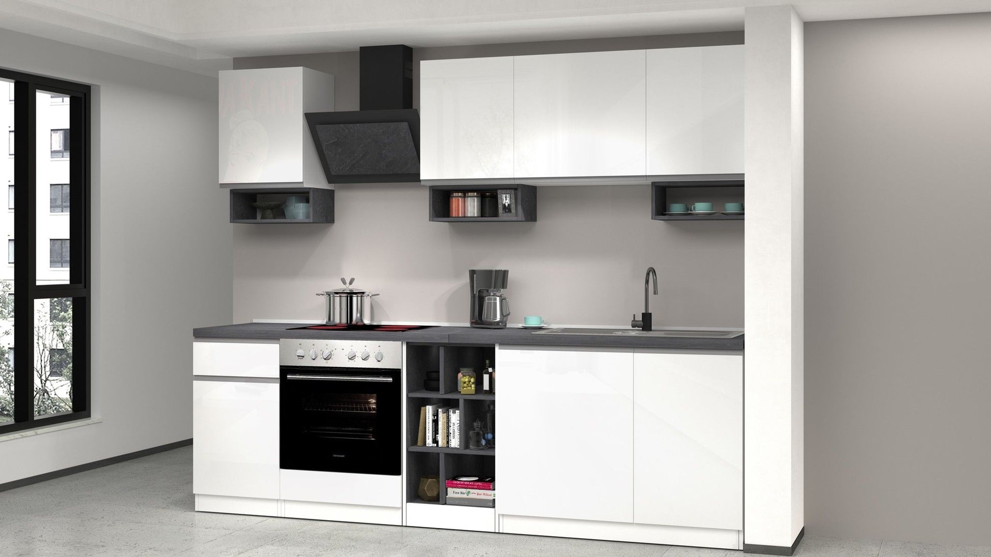 Cucina lineare SOLE da 256 cm, composizione 1 - Glossy white / Matte white / Report