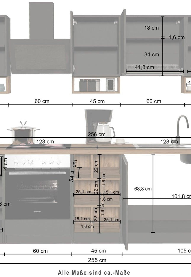 Cucina lineare SOLE da 256 cm, composizione 1.