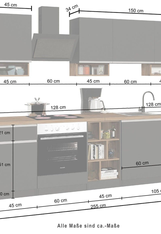 Cucina lineare SOLE da 256 cm, composizione 1.