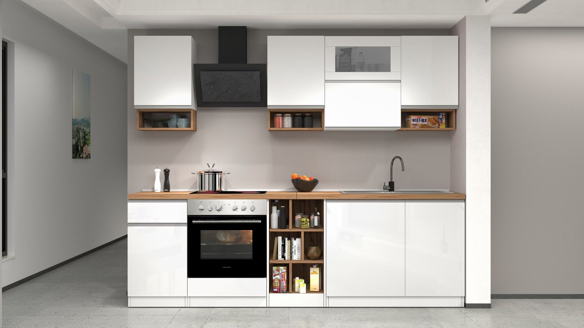 Cucina lineare SOLE 256 cm, composizione 2 - Glossy white / Matte white / Wotan Oak