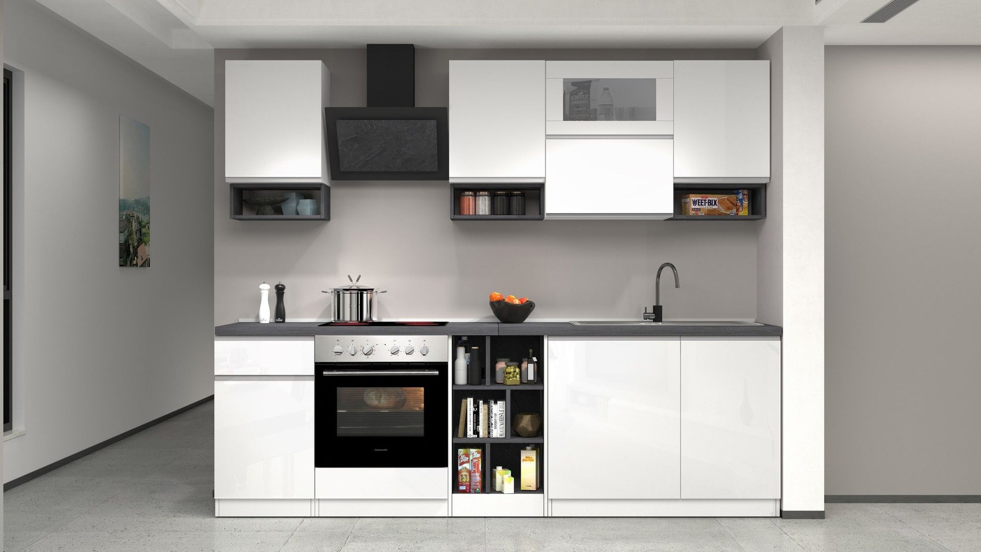 Cucina lineare SOLE 256 cm, composizione 2 - Glossy white / Matte white / Report