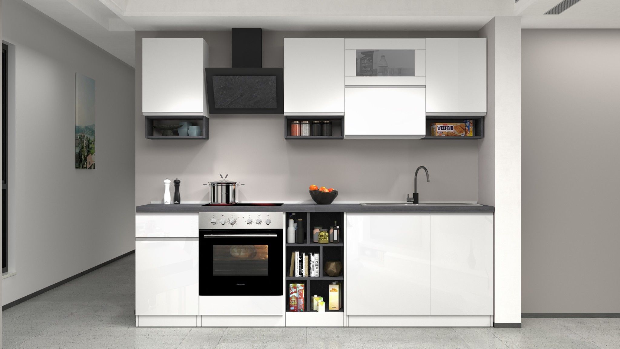 Cucina lineare SOLE 256 cm, composizione 2 - Glossy white / Matte white / Report
