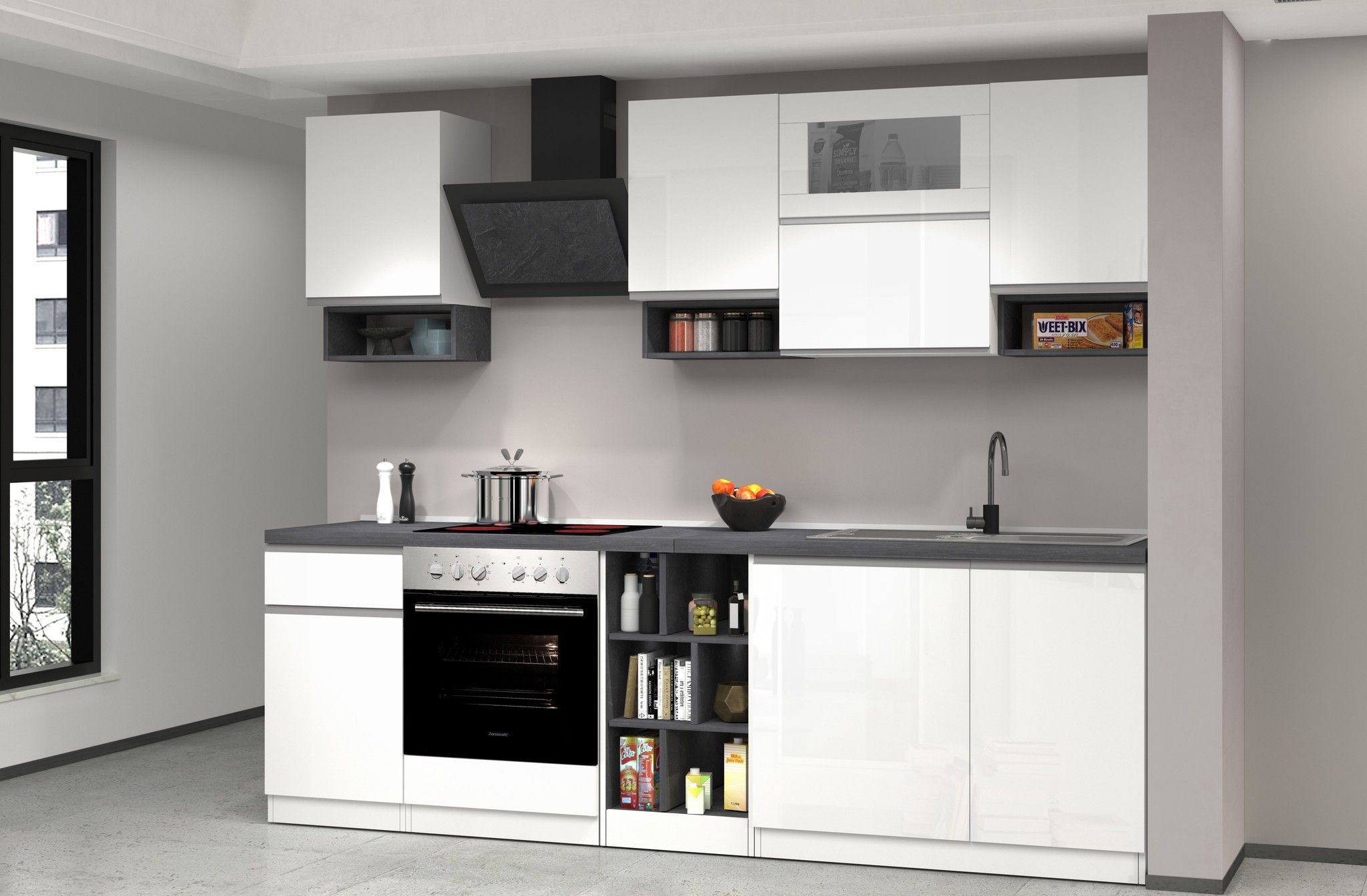 Cucina lineare SOLE 256 cm, composizione 2