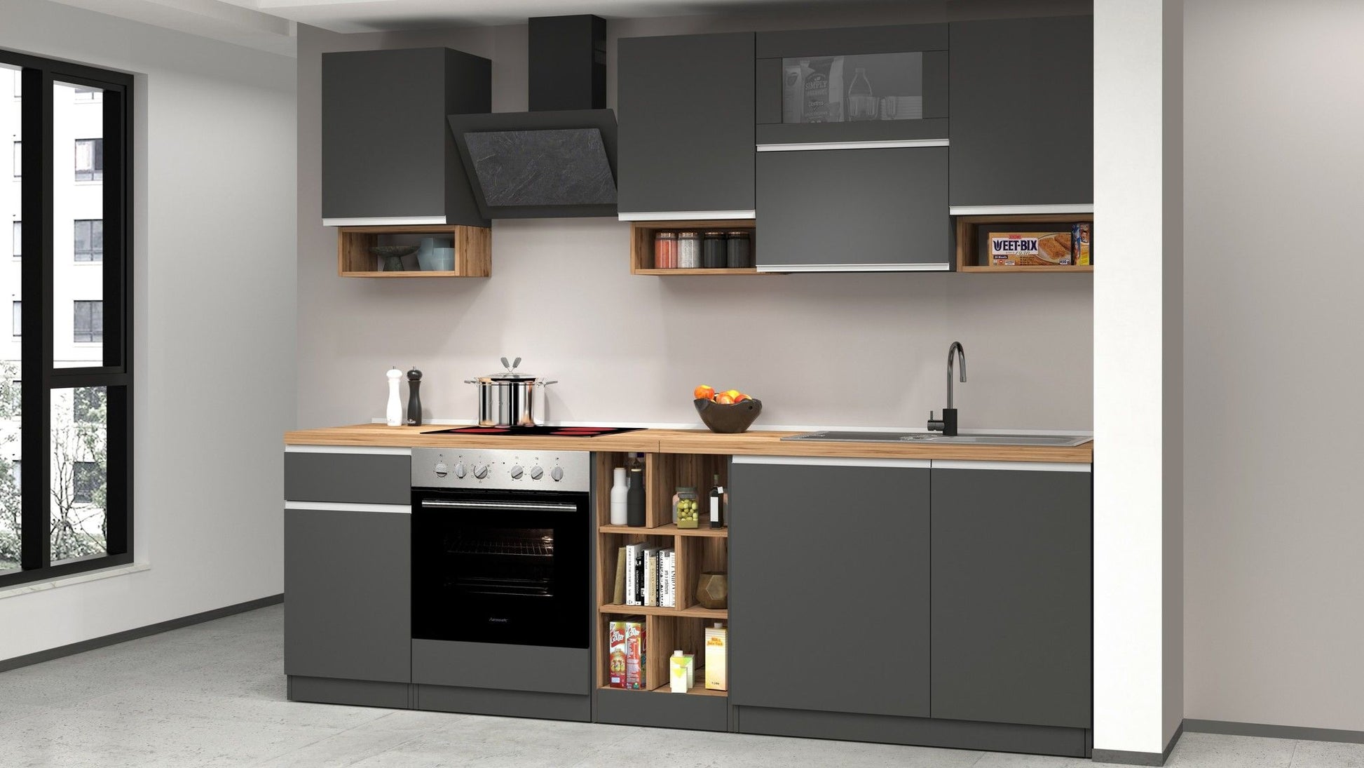 Cucina lineare SOLE 256 cm, composizione 2.