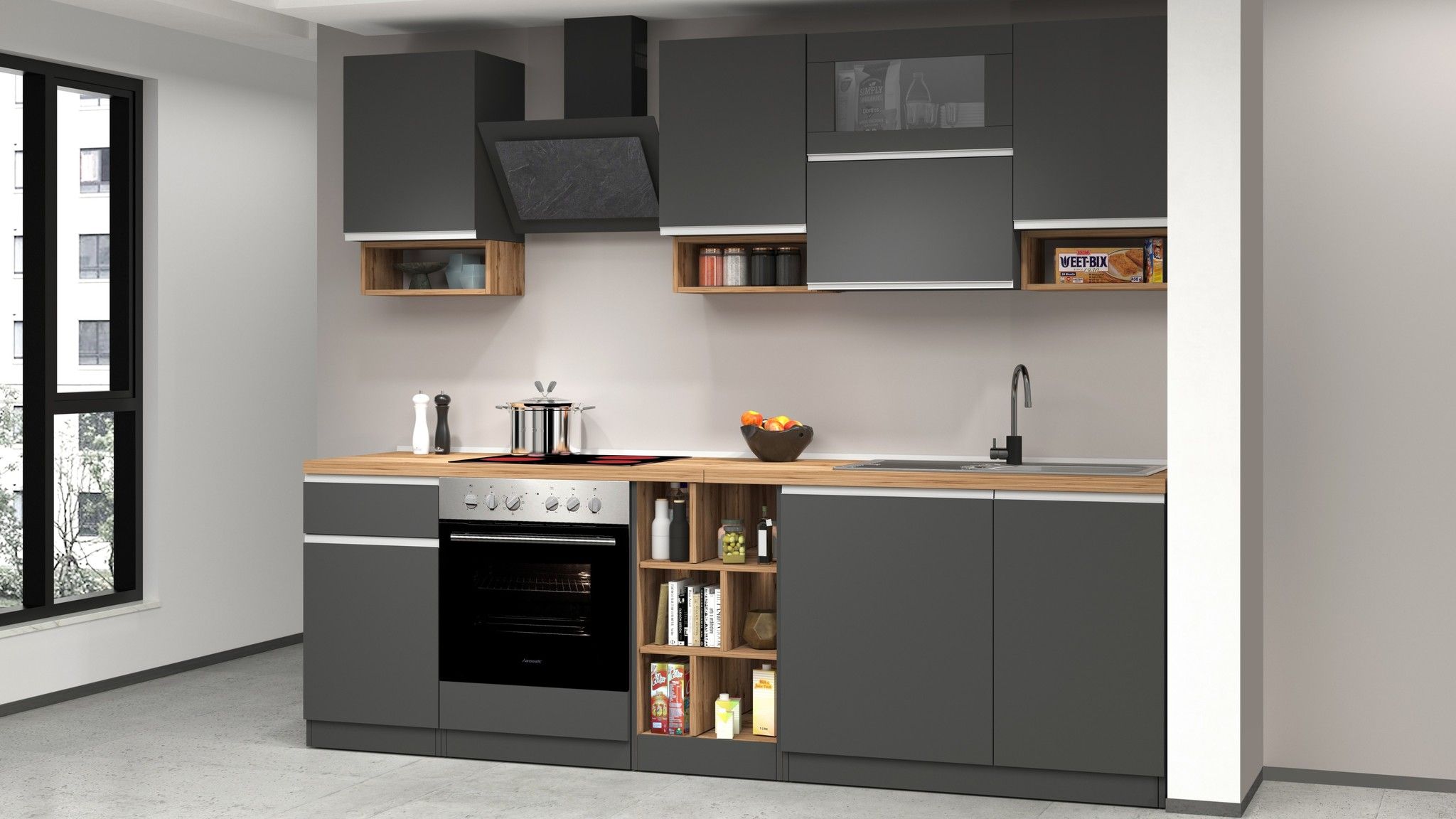 Cucina lineare SOLE 256 cm, composizione 2.