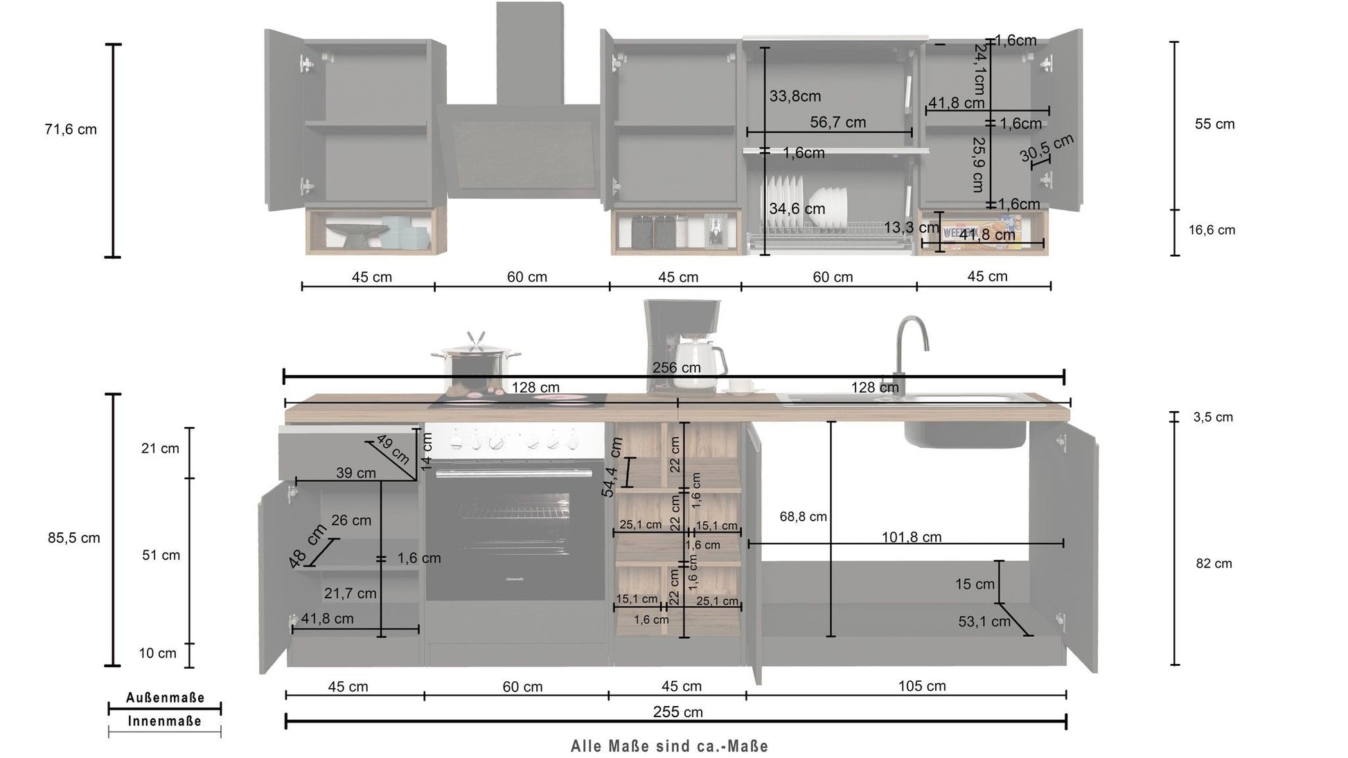 Cucina lineare SOLE 256 cm, composizione 2.