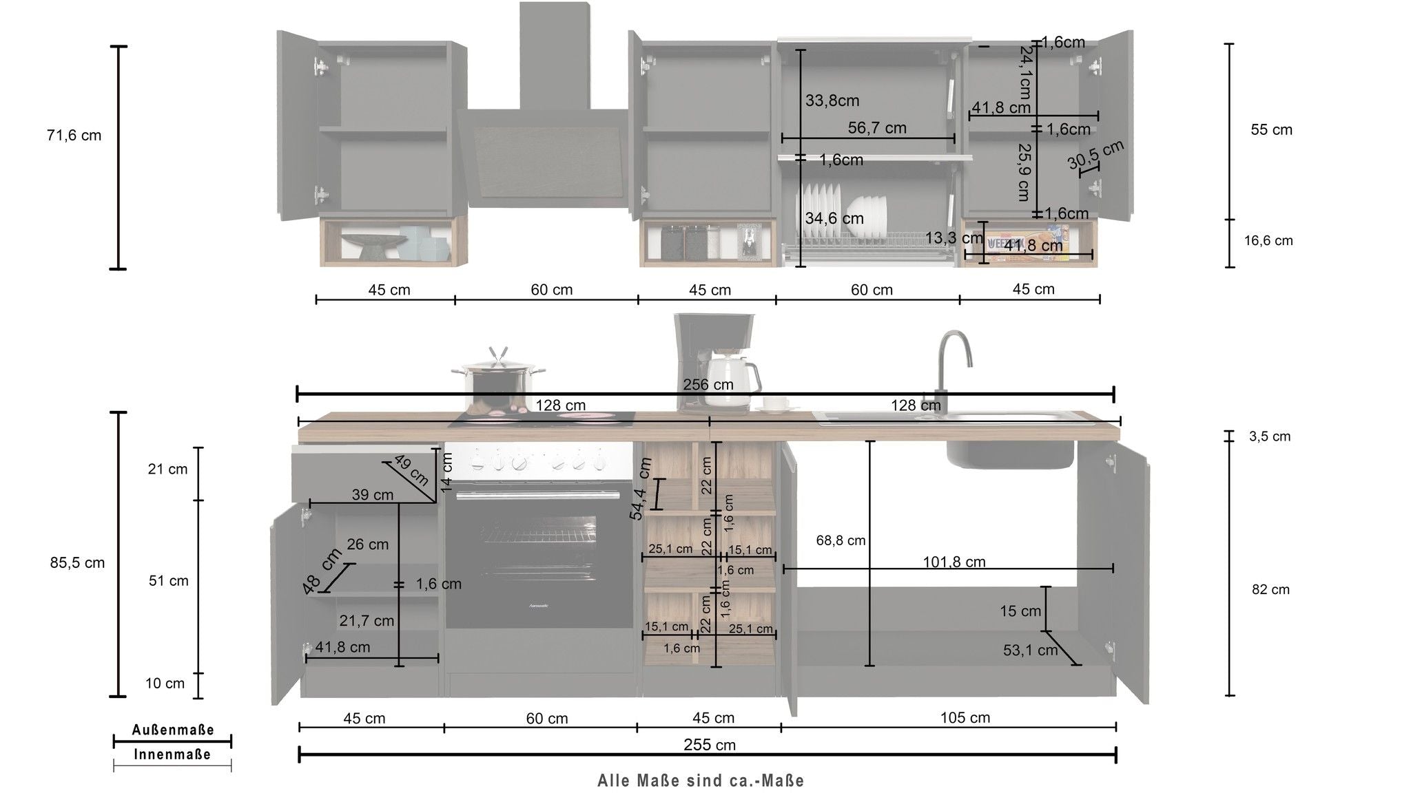 Cucina lineare SOLE 256 cm, composizione 2.