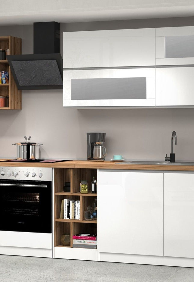 Cucina lineare SOLE 256 cm, composizione 3 - Glossy white / Matte white / Wotan Oak