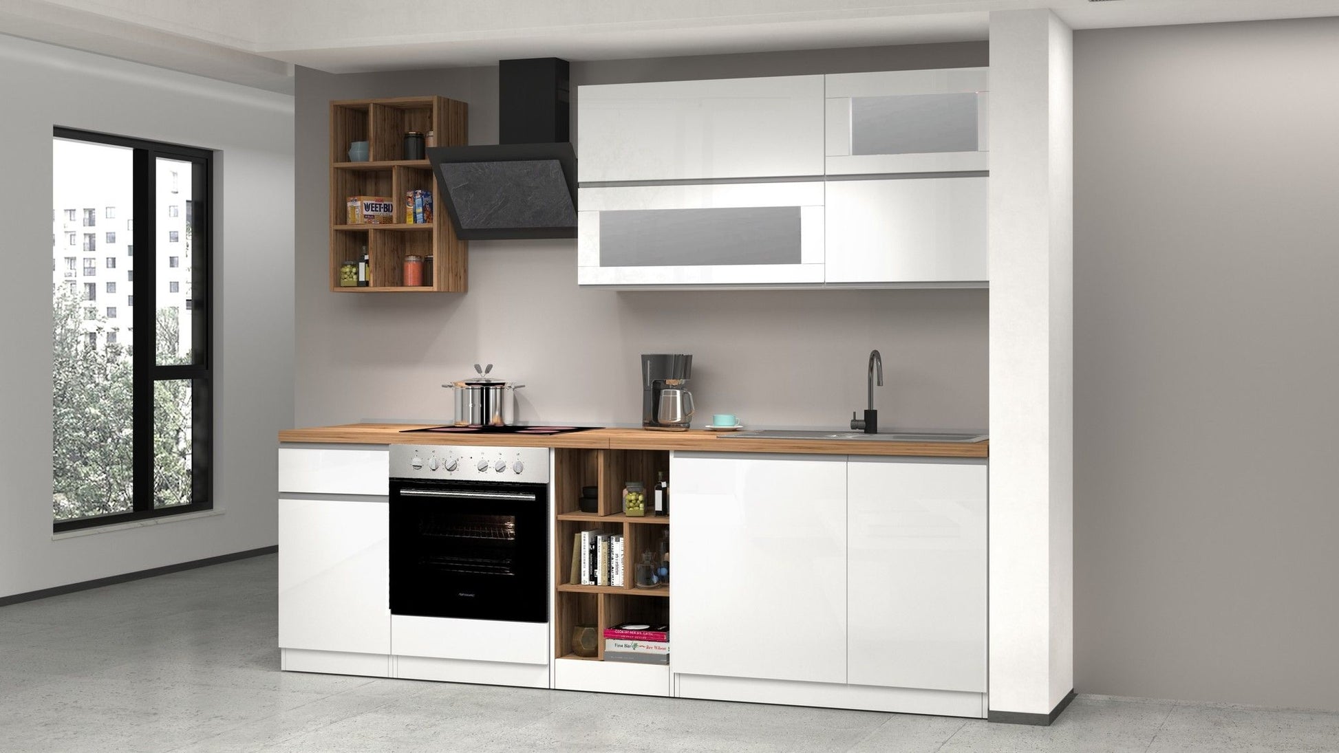 Cucina lineare SOLE 256 cm, composizione 3 - Glossy white / Matte white / Wotan Oak