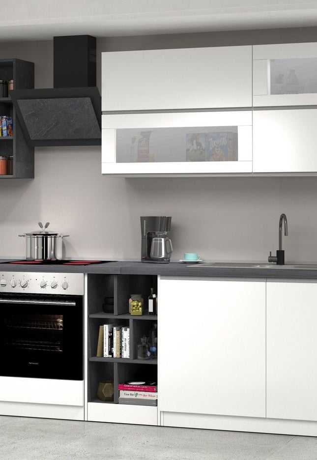 Cucina lineare SOLE 256 cm, composizione 3 - Glossy white / Matte white / Report