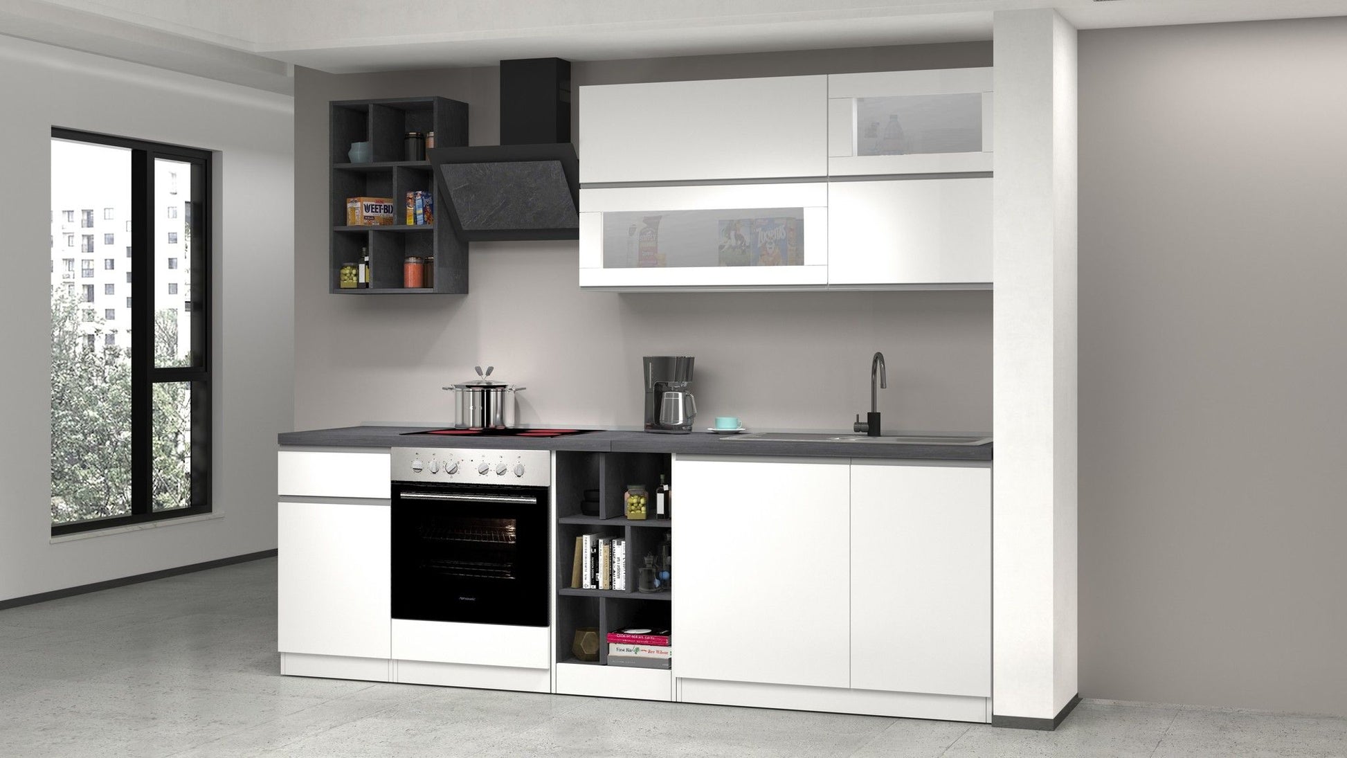 Cucina lineare SOLE 256 cm, composizione 3 - Glossy white / Matte white / Report