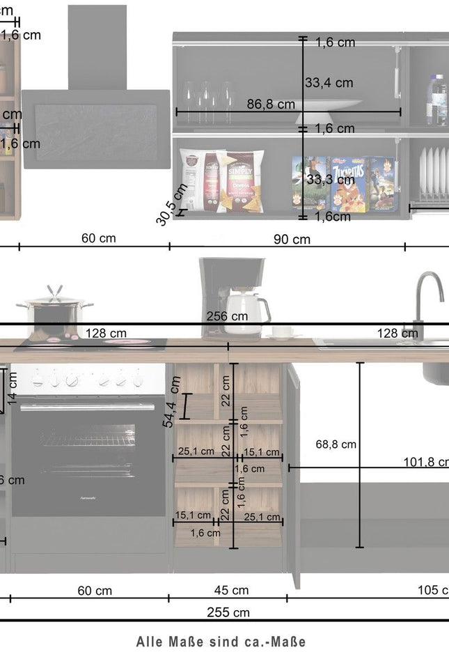 Cucina lineare SOLE 256 cm, composizione 3