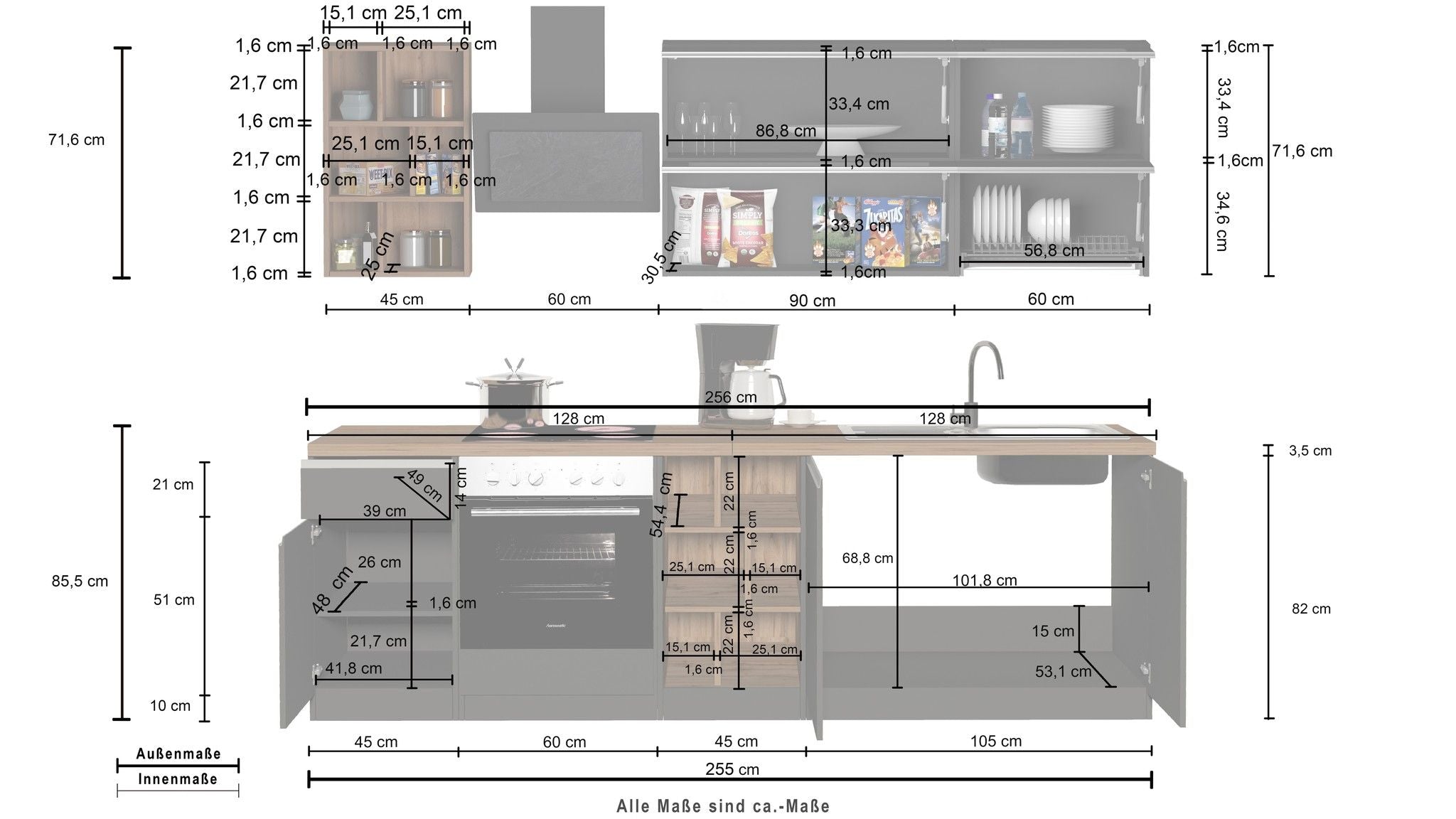 Cucina lineare SOLE 256 cm, composizione 3.