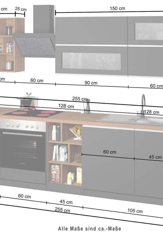 Cucina lineare SOLE 256 cm, composizione 3.