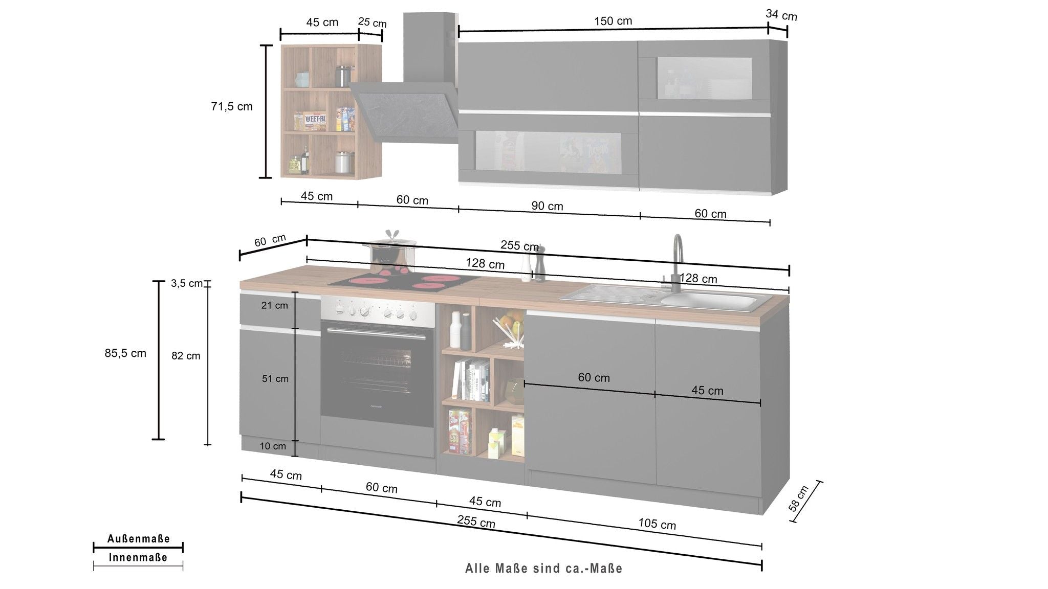 Cucina lineare SOLE 256 cm, composizione 3.