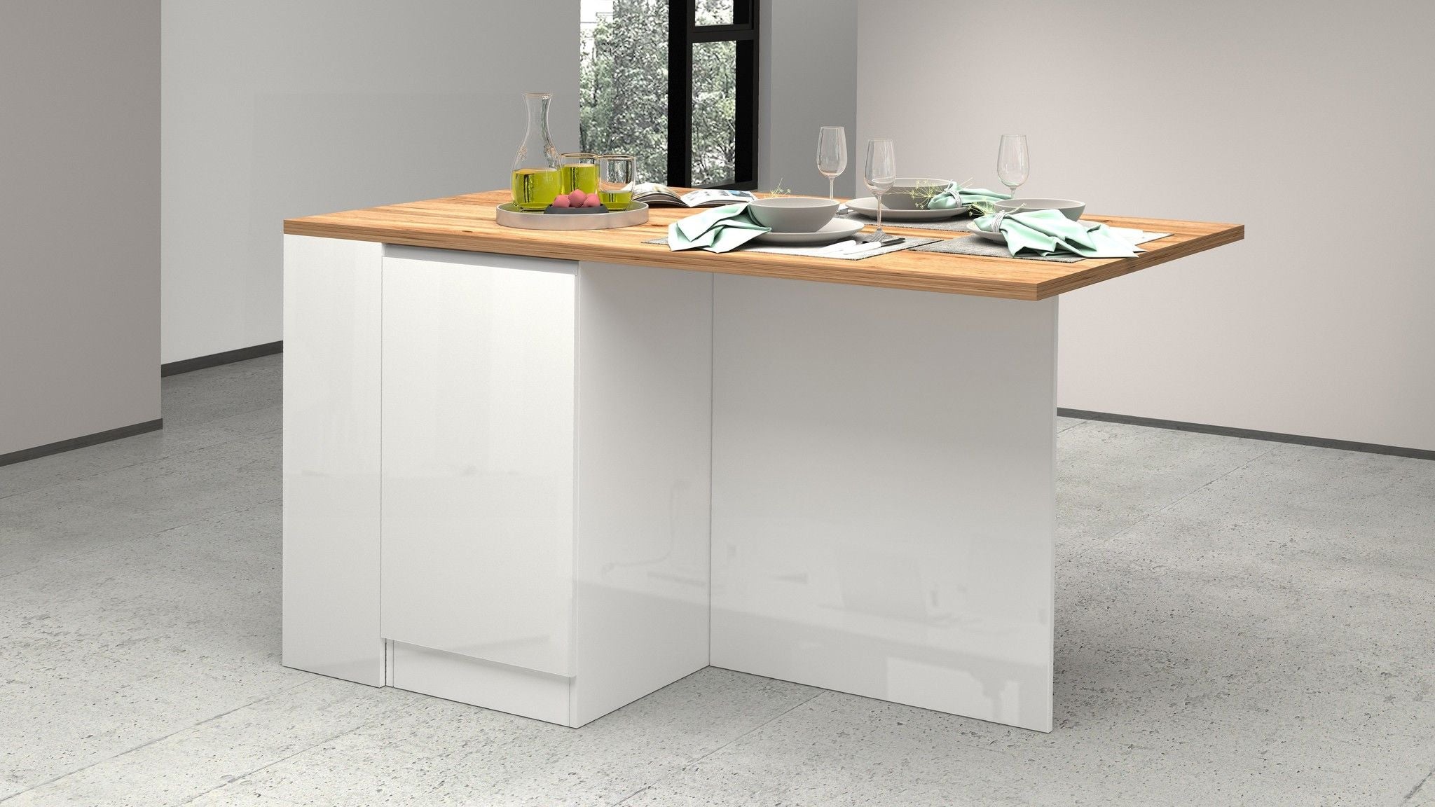 Isola SOLE con 2 ante e vani a giorno - Glossy white / Matte white / Wotan Oak