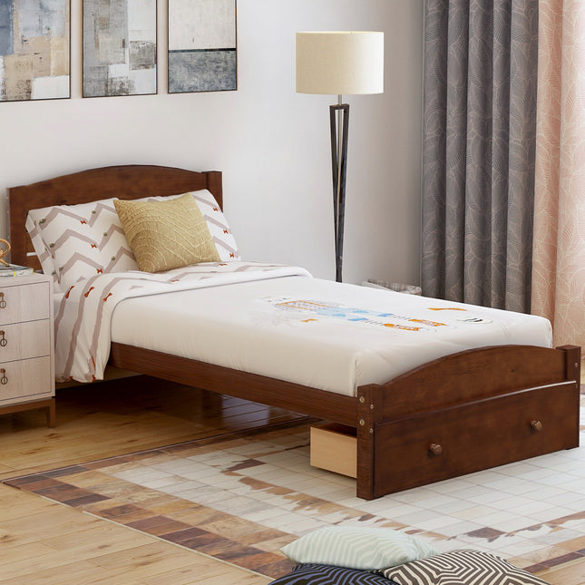 Platform Twin Bed Frame with Storage Drawer and Wood Slat Support – No Box Spring Needed, Walnut Default Title