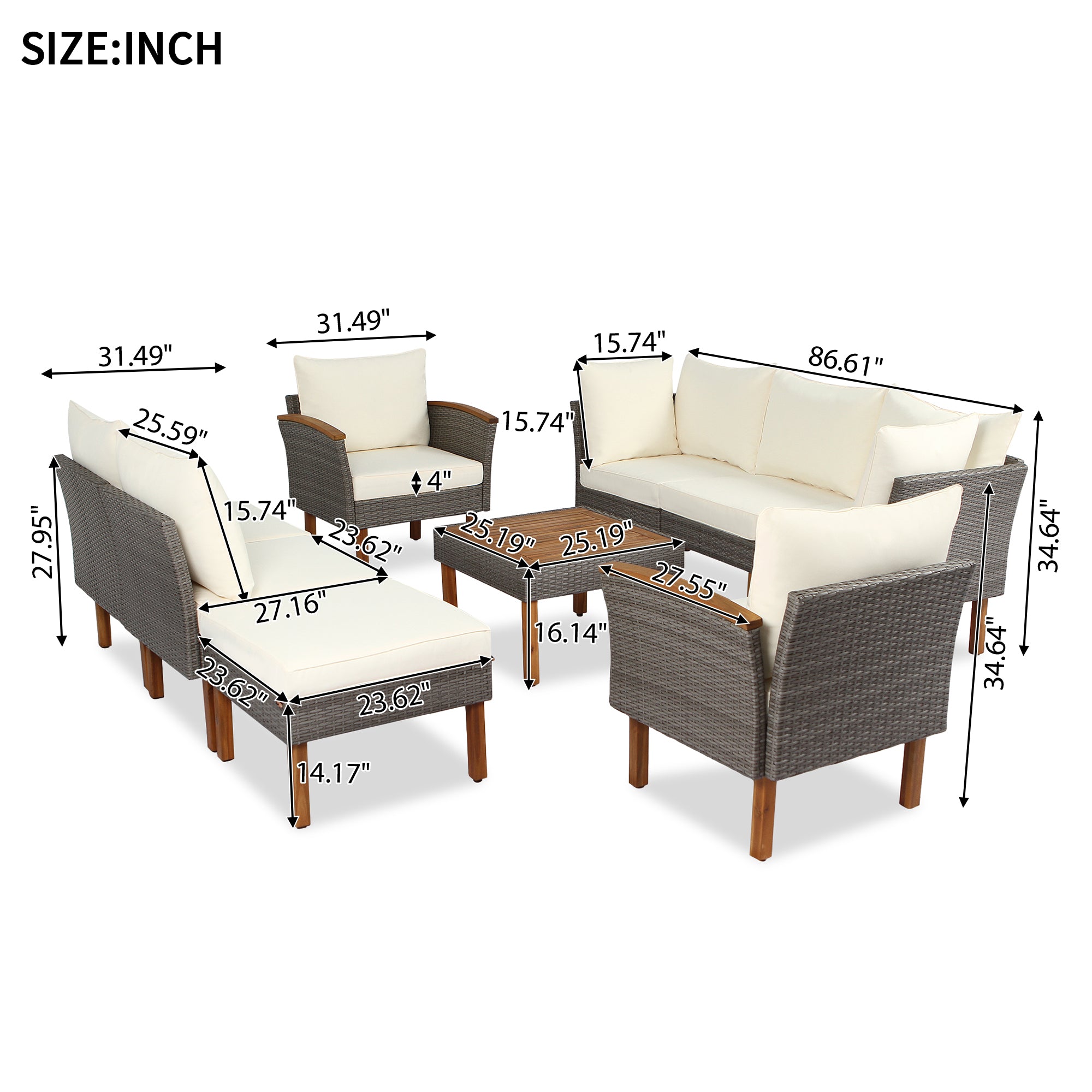 Set Patio Rattan 9 Pezzi Beige Acacia
