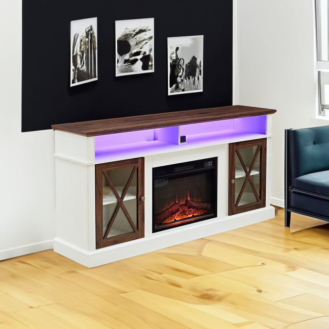 LED Farmhouse Style TV Stand for 65/70/75 Inch TVs with Outlet – Tall Media Entertainment Center Console