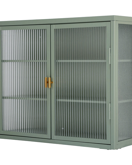 Retro Style Haze Double Glass Door Wall Cabinet With Detachable Shelves for Office Dining Room Living Room Kitchen
