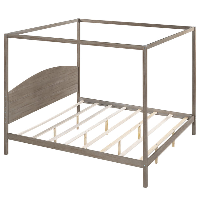 King Size Canopy Platform Bed with Headboard and Support Legs – Brown Wash Finish