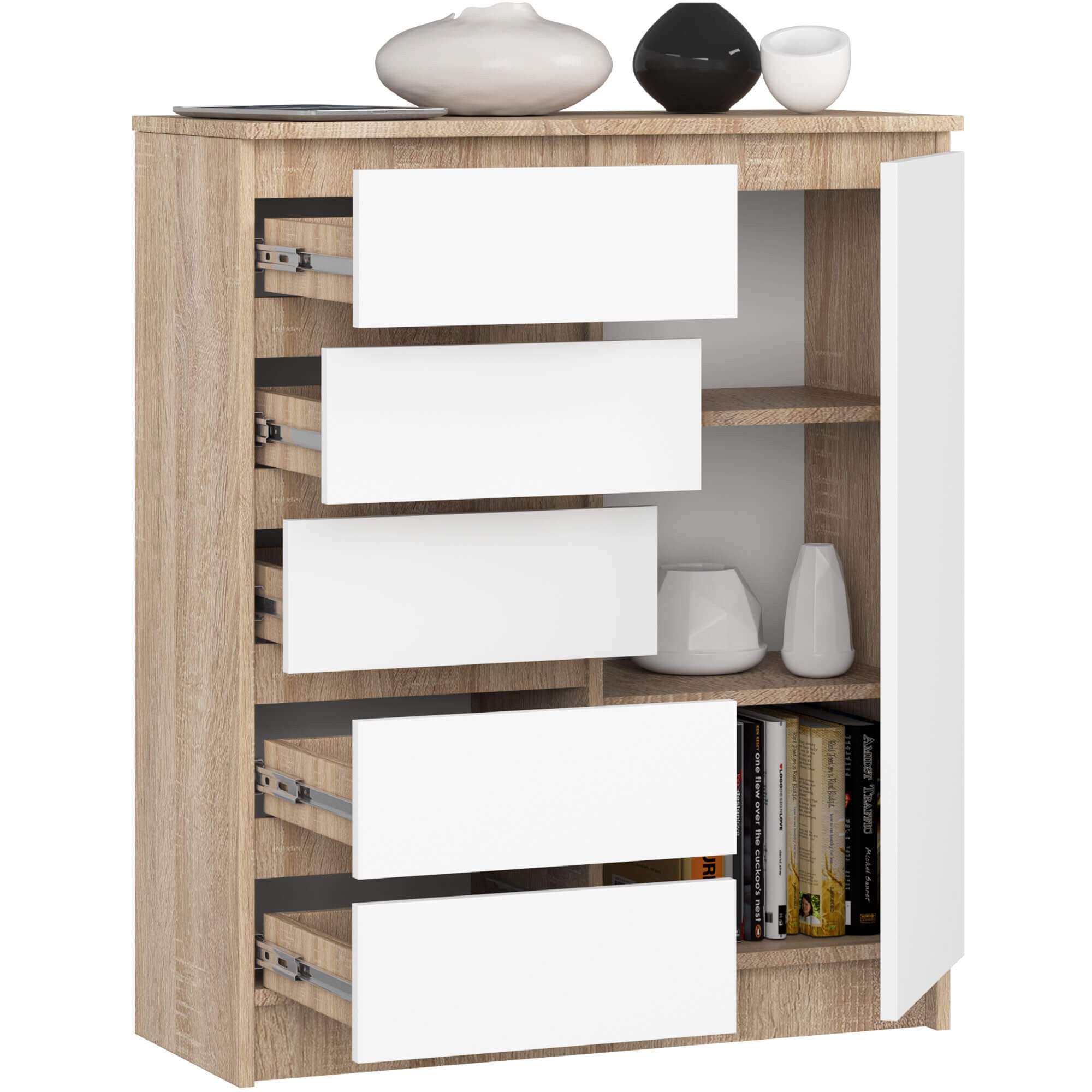Cassettiera Linea 80 cm 1 Anta 5 Cassetti – Rovere/Bianco