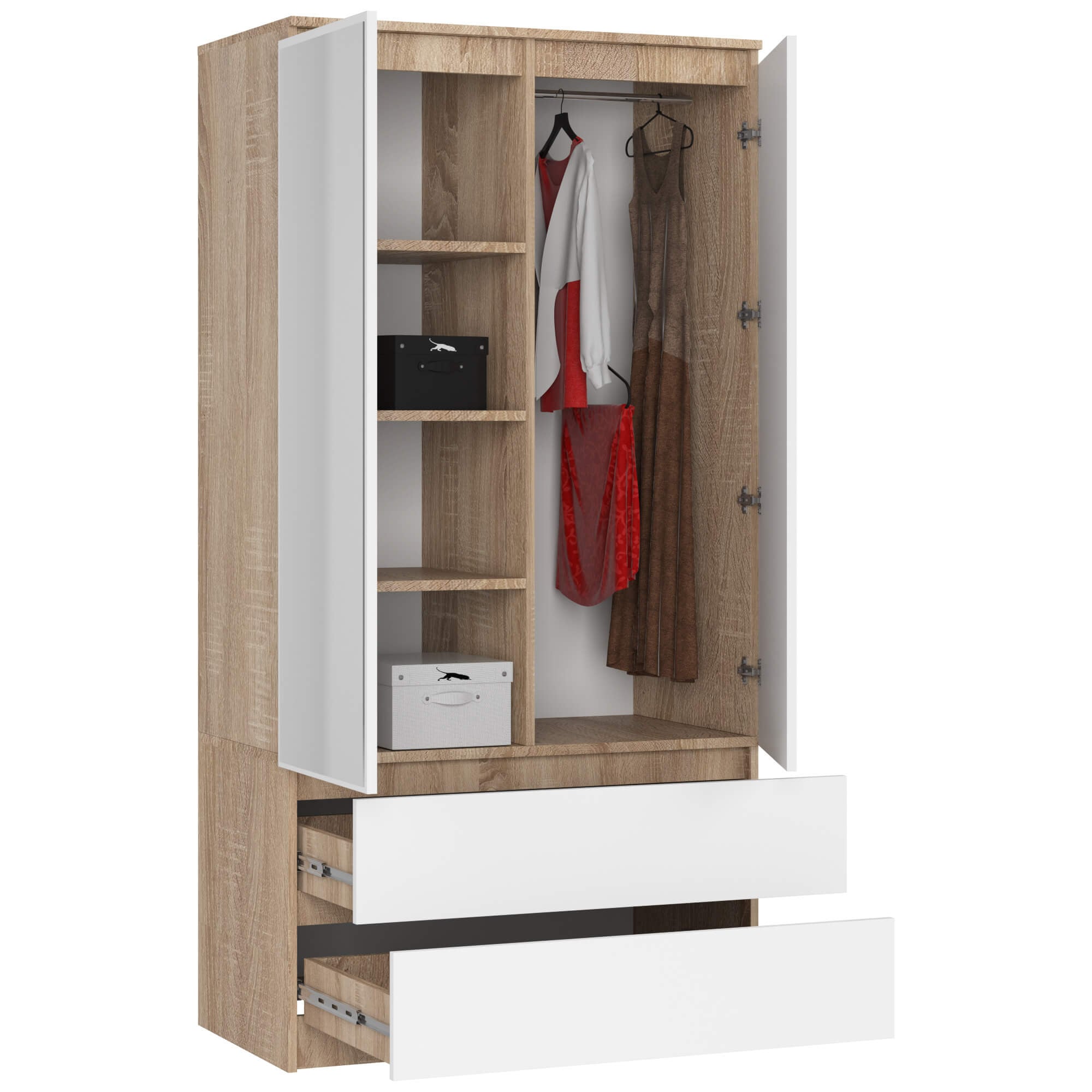 Armadio S 90 cm 2 Ante Specchio 2 Cassetti — Sonoma/Bianco