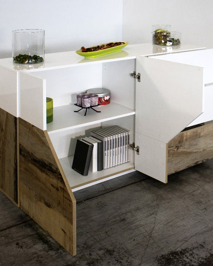 Credenza ALIEN da 141 cm - Bianco laccato lucido / Acero Pereira