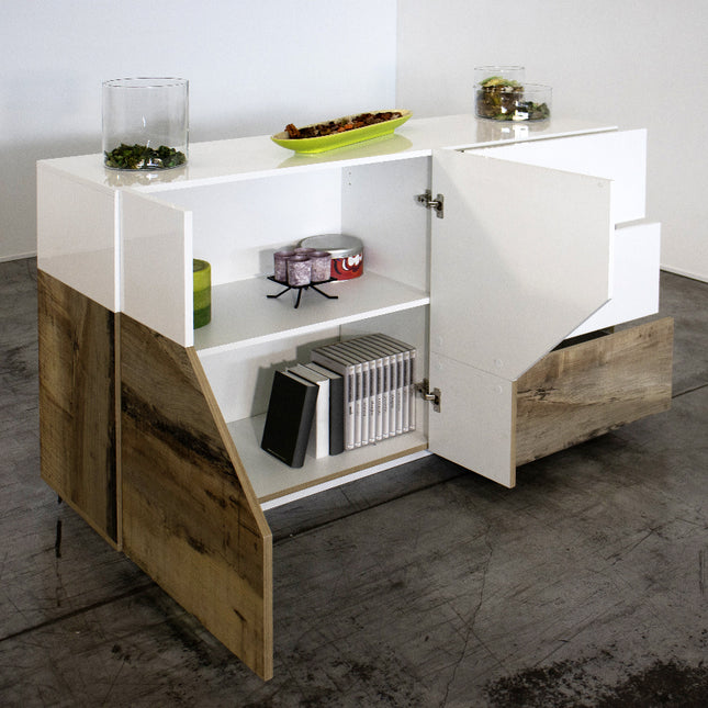 Credenza ALIEN da 141 cm - Bianco laccato lucido / Acero Pereira