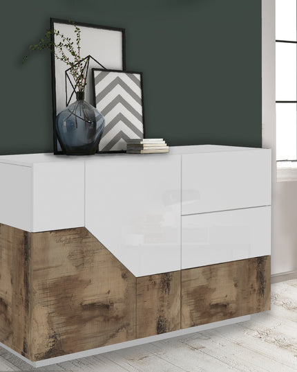 Credenza ALIEN da 141 cm - Bianco laccato lucido / Acero Pereira