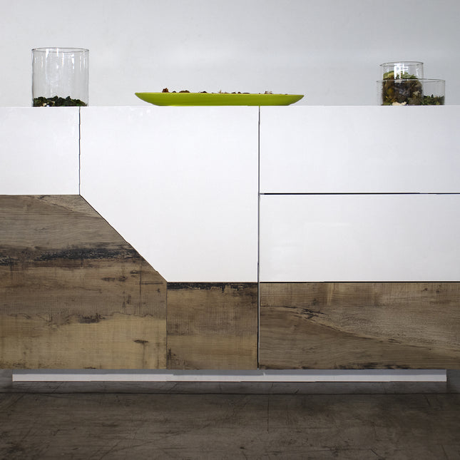 Credenza ALIEN da 141 cm - Bianco laccato lucido / Acero Pereira