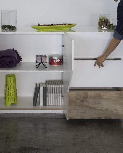 Credenza ALIEN da 141 cm - Bianco laccato lucido / Acero Pereira