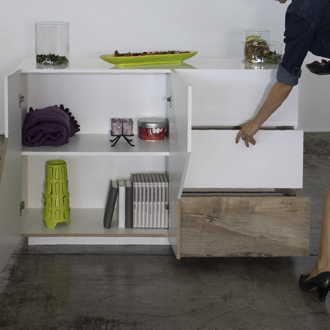 Credenza ALIEN da 141 cm - Bianco laccato lucido / Acero Pereira