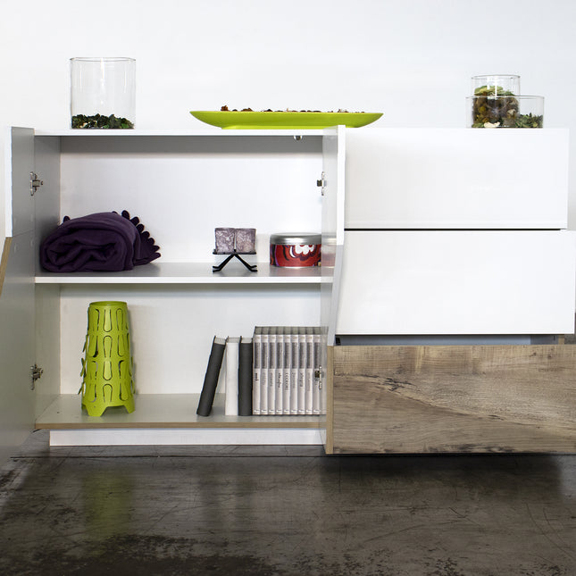 Credenza ALIEN da 141 cm - Bianco laccato lucido / Acero Pereira