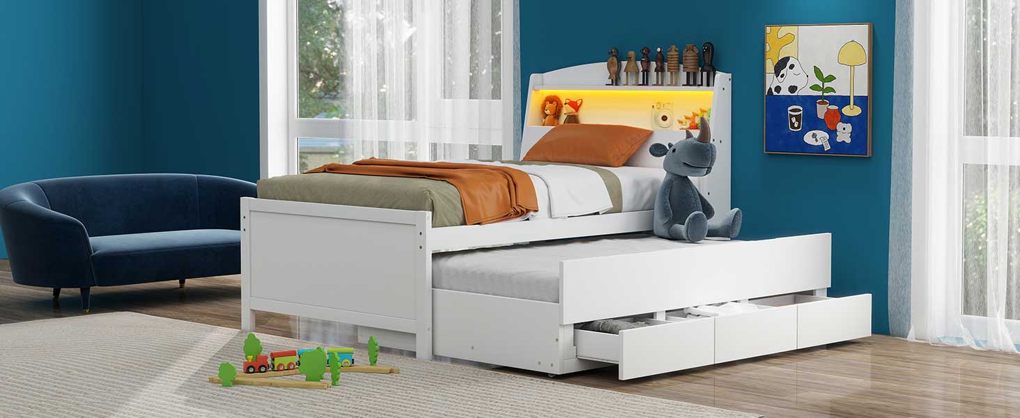 Letto Singolo Piattaforma LED Bianco 3 Cassetti