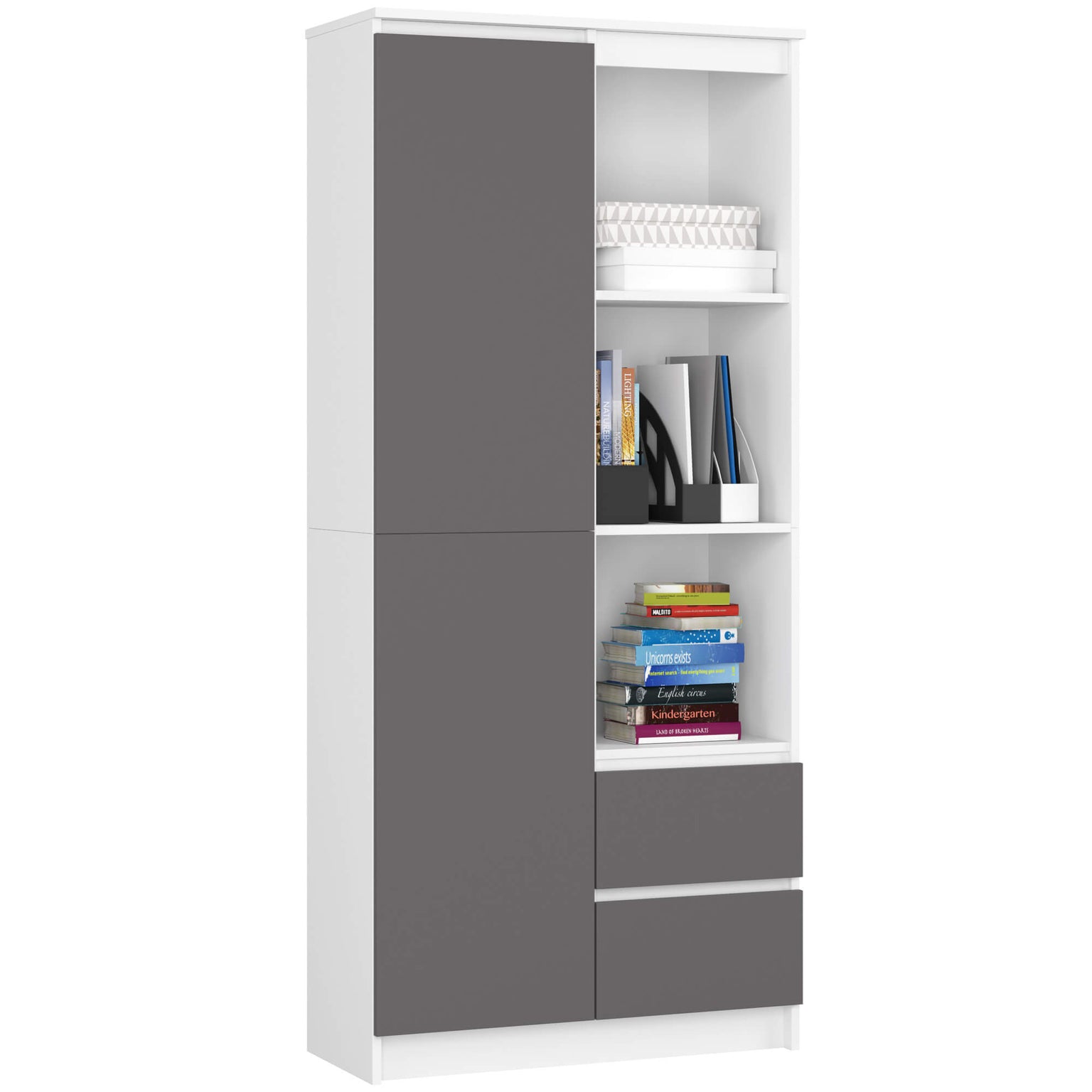 Libreria Nobile 80 cm 1 Anta 2 Cassetti – Bianco/Grafite