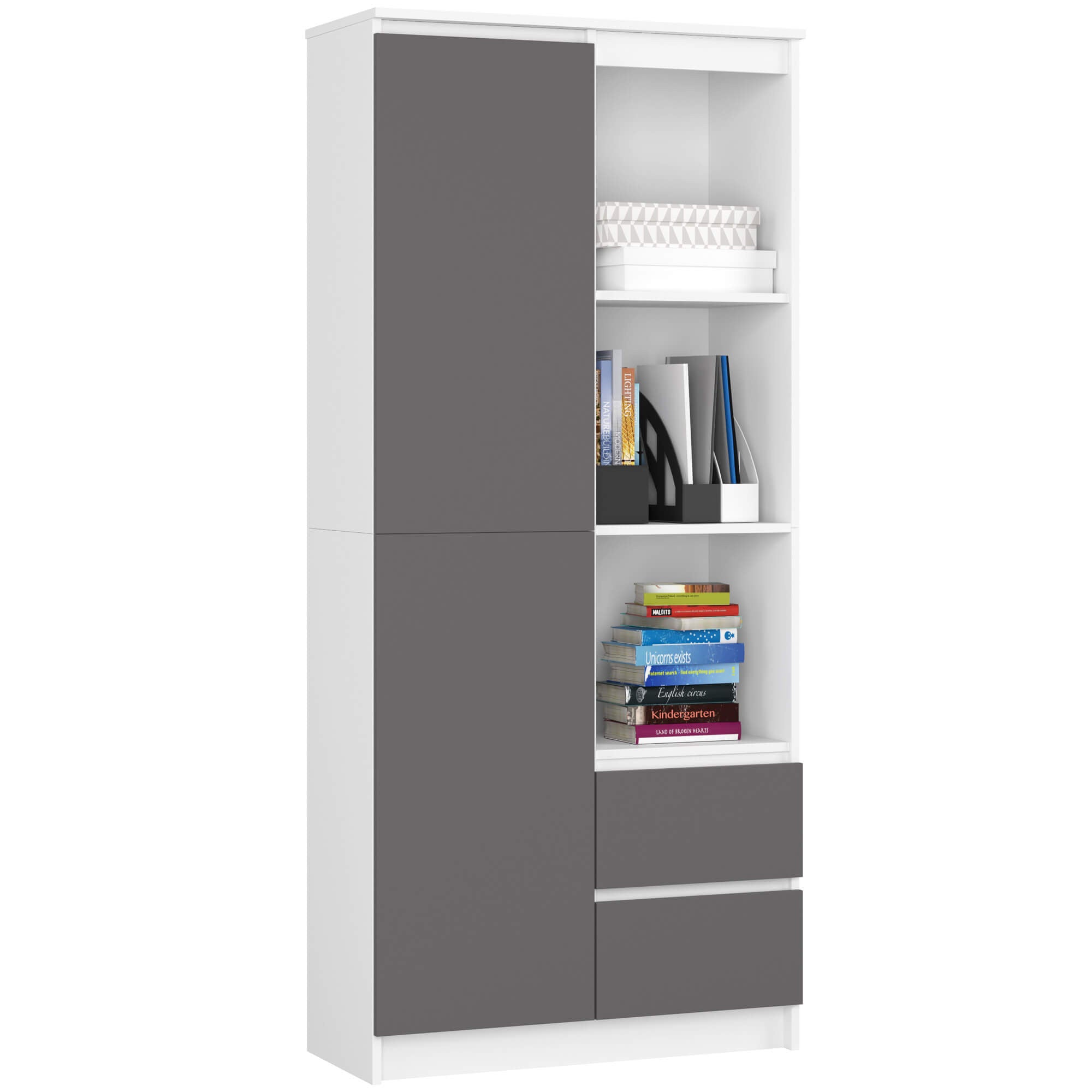 Libreria Nobile 80 cm 1 Anta 2 Cassetti – Bianco/Grafite