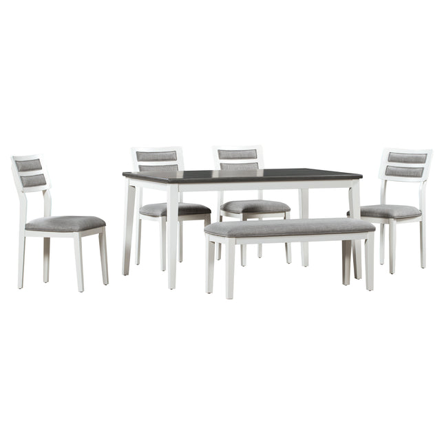 Classic 6-Piece Dining Set, Table, 4 Chairs & Bench (White/Gray)